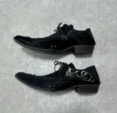 fur leather shoes black y2k 26.5