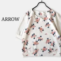 極美品✨花柄パール付きブラウス(L)スカラップネック異素材半袖カットソー　大きめのサムネイル