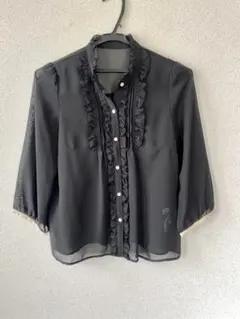 フリル付きブラック長袖ブラウス Mサイズ　シースルー