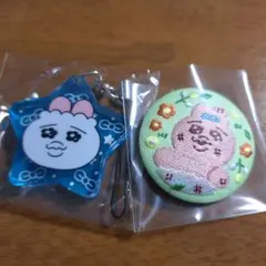 おぱんちゅうさぎ　刺繍缶バッジ(花柄)、ストラップキーホルダー(水色)