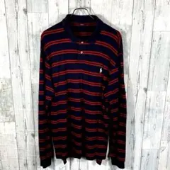 POLO RalphLaurenネイビーと赤のストライプ 長袖ポロシャツ