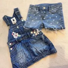デニムジャンバースカートとデニムショートパンツセット