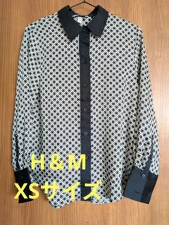 美品　H&M 総柄ブラウス 長袖シャツ 幾何学模様　モノトーン レトロ　XS