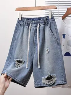 ダメージデニムパンツ 五分丈 プラスサイズ ゴム ウエスト ワイドパンツ