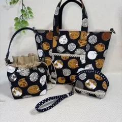 ハンドメイド♡ミニトートバッグ、ミニ巾着ポーチ、ミニミニポーチ　丸まる猫ネイビー
