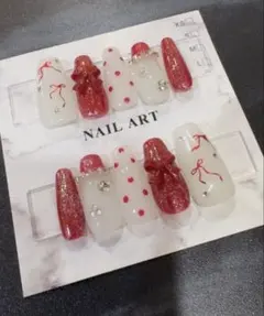 ネイルチップ 赤 ガーリー リボン ワンホン