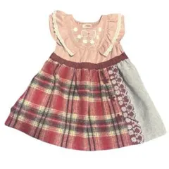 Souris スーリー　赤とグレーのチェック柄ワンピース　フリル　リボン　90