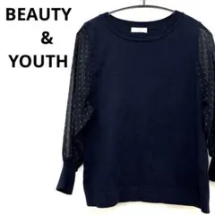 BEAUTY&YOUTH ネイビー シースルー袖　ニット綿100% 秋冬