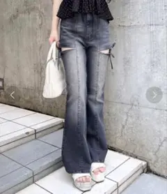 INGNI サイドカットアウトリボンフレアパンツ グレー Sサイズ