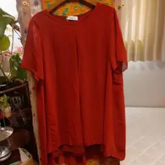 トップス　SMILE LANDオレンジよりの 赤 半袖 シャツブラウスLサイズ