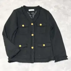 ISOON ノーカラージャケット ツイード 金釦 ブラック フリンジ