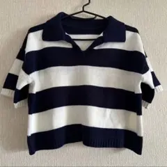 レディース ネイビー×ホワイト ボーダー ニットポロ 半袖 ショート丈