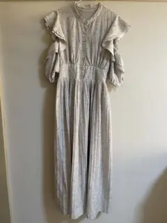 グレイル　夏　シフォン　肩あきワンピース　ロング　花柄　水色　M半袖　プリーツ