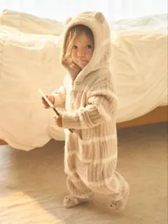 ジェラートピケ BABYべビモコリブボーダーロンパース ベージュ モコモコ ベア