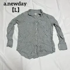 a.newday 【L】ストライプ 長袖 シャツ　ブラウストップス　秋冬　中古