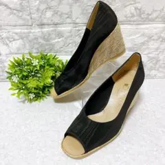 ✨美品✨ダイアナ DIANA オープントゥ ウェッジソール 黒 22センチ