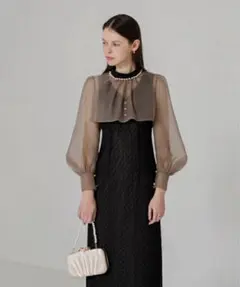 LEJA-パールネックパフスリーブボレロ格子柄レースワンピースドレス