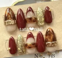 145【メル便込】べっ甲リング 赤フレンチネイル