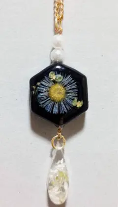 ハンドメイド レジン ネックレス 六角形 花柄