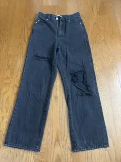 ダメージ加工 ダークグレー ワイドレッグデニムパンツ