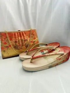 振袖用草履・クラッチバッグセット 赤金花柄