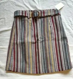 新品　ストライプタイト　ミニスカート ベルト付き　M