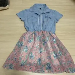 水色フラワープリント半袖ワンピース 140