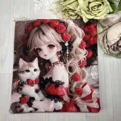 パネルフラットポーチ　女の子赤い薔薇　C