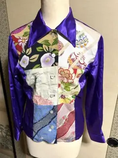 和柄　サテンブラウス　シャツ　紫　パープル　ハンドメイドのサムネイル