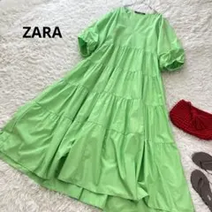 ザラ オーバーサイズ ワンピース ティアード フレア ボリュームスリーブ ネオン