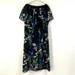Sunauna ネイビー 花柄 シフォンワンピース フレア袖 38 Mのサムネイル