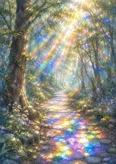 【一点物】虹色の木漏れ日が導く森｜幻想風景アート