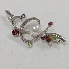 新品　あこや本真珠8.4mm 色石ブローチ　SILVER