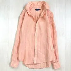 美品 ポロラルフローレン リネン ストライプシャツ ホース刺繍 オレンジ×白