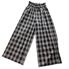 FAVORI ファボリ チェック ワイドパンツ 38 茶 ブラウン ルーズ ゴム