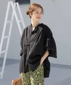 コットンボイルギャザーブラウス　ブラック