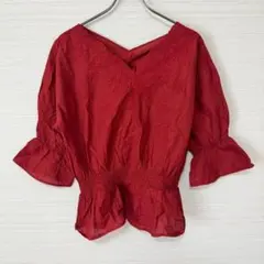 ◉ 3L 綿100% レース調 刺繍入りVネックブラウス ボルドー 大きいサイズ