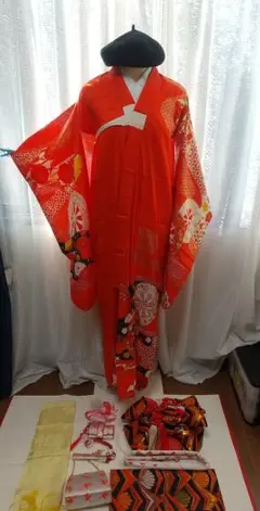 510ag57□七五三 ハーフ成人式 七歳 十歳 女児 二尺袖 三つ紋 赤□美品