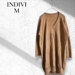 インディヴィ Vネック サマーニット 茶 M カジュアル 大人上品 和紙混