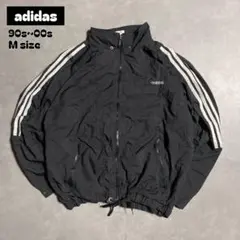90s~00sadidasナイロンジャケット黒3本ライン刺繍ロゴ短丈ボックスM