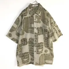 【半袖シャツ】アート柄 総柄 デザインシャツ 透け感 M 茶色 メンズ 古着