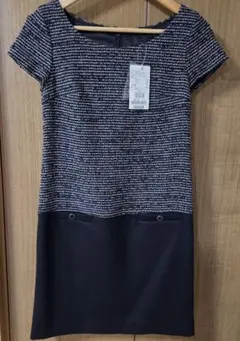半袖ツイード風ひざ丈ワンピース サイズ2 ネイビー