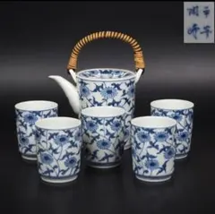 送料無料　時代物　平安陶峰作　総手描き染付茶器　共箱　茶道具