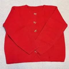 【美品】レディース ニットカーディガン 赤 ゴールドリボンボタン