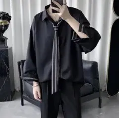 ネクタイ付きシャツ ★ブラック★ XL ストライプ　ビッグシルエット