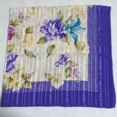 LANCETTI　シルクスカーフ　大判スカーフ　パープルブルー×白色　銀糸有り