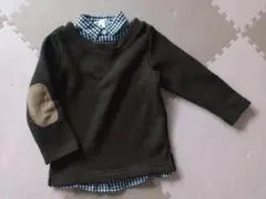 長袖 重ね着風ニット 90〜100 ダークブラウン チェック柄 グローバルワーク