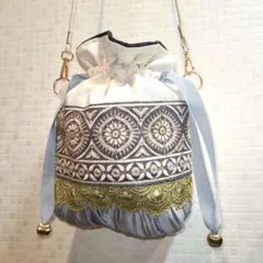 インド刺繍リボン巾着バック キナリ
