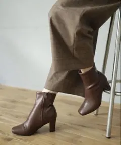 SESTO セスト スクエアトゥ ストレッチ ショートブーツ 茶 Mサイドジップ