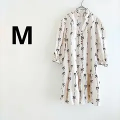 【古着】リボン柄ワンピース アイボリー M シャツワンピ ガーリー フリル